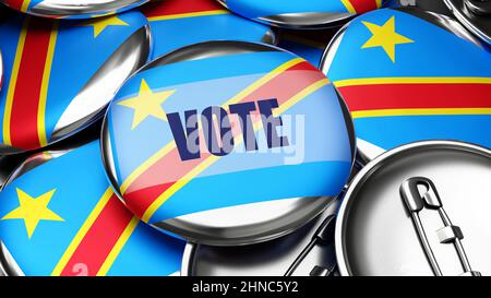 Vote in Congo the Democratic Republic of the - national flag of Congo the Democratic Republic of the on dozens of pinback buttons symbolizing upcoming Stock Photo