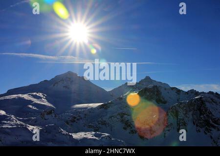 The Snow Covered Mountains in the Sunlight, Le Grande Motte Glacier, Tignes, France Stock Photo