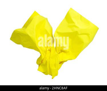 Crumpled yellow paper isolated on the white background Stock Photo