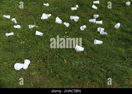 Disposable plastic tableware on green grass. Environmental pollution Stock Photo