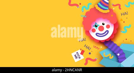 April Fools Day with Clown Character in paper cut style. April 1 party. Present joke box. Fools' Day Poster. Funny spring holiday. Stock Vector