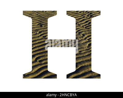 letter H of the alphabet made with ridges from the beach, color yellow and brown, isolated on white background Stock Photo