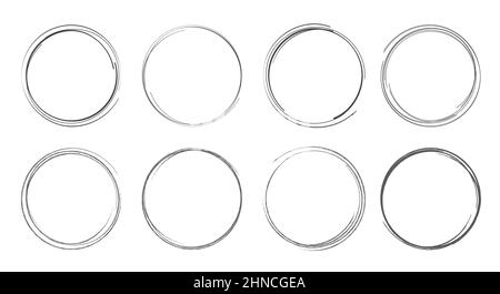 Hand drawn circle set. Round doodle loops, scribble black pencil sketch highlights. Flat vector illustration isolated on white background. Stock Vector