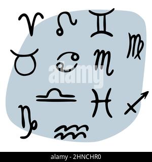 Vector doodle style illustration set of black Astrological signs isolated on white background Stock Vector