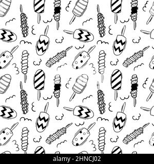 Popsicles doodle style seamless pattern. Black outlines sweets seamless vector background. Stock Vector