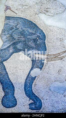 Ancient Elephant Mosaic from the Byzantine period (East Roman period) at the Great Palace of Constantinople. Great Palace Mosaics Museum, Istanbul. Stock Photo