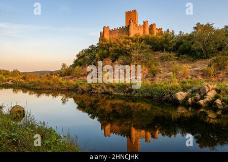 The medieval Almourol Castle on an island on the River Tagus - Rio Tejo ...