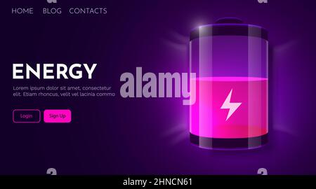 Futuristic charging battery. Concept of energy. Landing page template Stock Vector