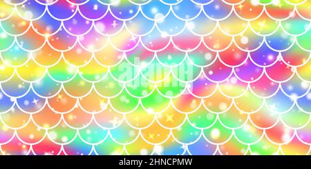 Holographic iridescent neon mermaid scale seamless pattern. Blurred foil gradient vector background. Kawaii rainbow bokeh hologram with galaxy effect. Stock Vector
