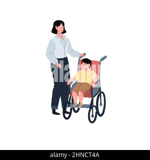 Flat cartoon kid character in wheelchair with parent,disabled childrens care and support,happy childhood vector illustration concept Stock Vector