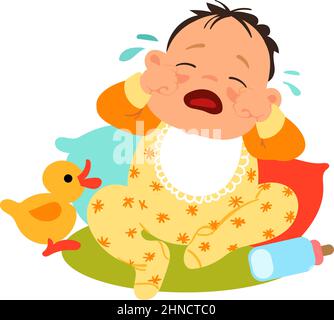 Crying baby character. Sitting toddler weeping out Stock Vector