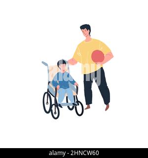 Flat cartoon kid character in wheelchair with parent,disabled childrens care and support,happy childhood vector illustration concept Stock Vector