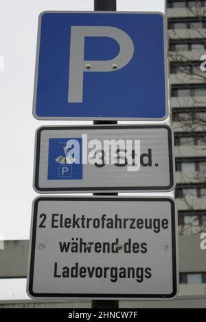 24 January 2022, Kaiserslautern, Germany, Sign of two parking places exclusively for the charging of electric cars for 3 hours maximum, green mobility