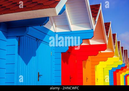 Colourful Beach Huts in the North Bay, Scarborough, North Yorkshire Stock Photo