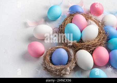 Colored Easter eggs and nests on a gray background. Side view, copy space. Stock Photo