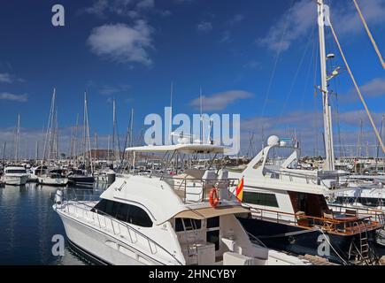 Yachts moored in Rubicon Marina, Playa Blanca, Lanzarote Stock Photo