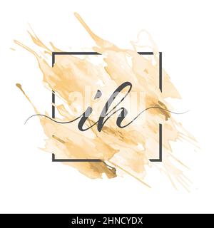 Calligraphic lowercase letters I and H are written in a solid line on a colored background in a frame. Stock Vector