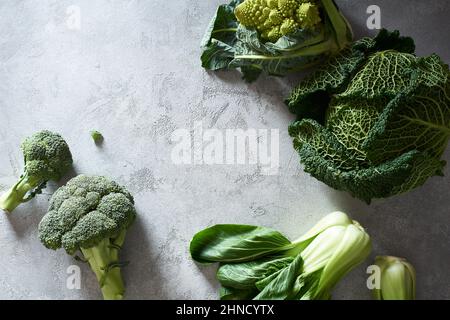 Food concept, flat lay with fresh vegetables. Different types of cabbage Stock Photo