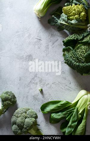From above still life with fresh vegetables. Different types of cabbage Stock Photo