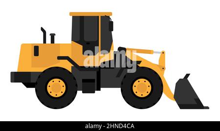 color Heavy Construction equipment loader, bulldozer flat style. Industrial machinery and equipment. Isolated cartoon vector on white back Stock Vector