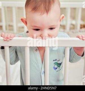 Baby gnaws at the edge crib during teething itching. Funny child scratching his teeth on the rail bed, age six months Stock Photo