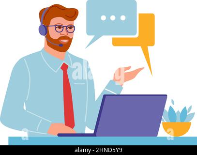 Support service operator at work. Man in headset chatting with customer Stock Vector