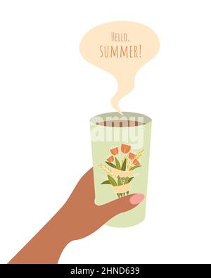 Coffee cup with inscription Hello Summer, girl hand holding coffee, bouquet of flowers in doodle style, isolated, white background. Vector illustration Stock Vector