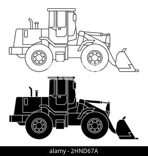 Children linear drawing for coloring book. Heavy Construction equipment loader, bulldozer in linear. Industrial machinery and equipment. Isolated vect Stock Vector