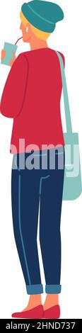 Woman drinking from plastic cup back view. Flat character Stock Vector
