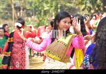 Guwahati, India. 16th Feb, 2022. People of Mishing tribes of Assam ...