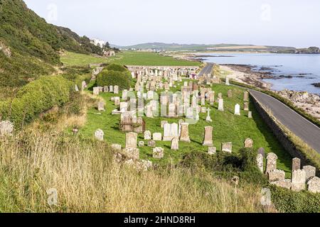 The roofless, ivy-covered chapel of St Columba in Keil Cemetery near Southend on the Kintyre Peninsula, Argyll & Bute, Scotland UK Stock Photo