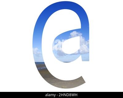 Mail sign, at sign of the alphabet made with beach, sea and blue sky, north sea, Netherlands, isolated on white background Stock Photo
