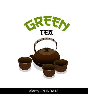 Green Asian tea vector icon of Japanese and Chinese tea ceremony set with teapot, cups and bowls. Green, black, oolong or matcha beverage utensils iso Stock Vector