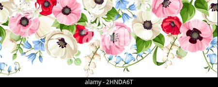 Horizontal seamless border with hanging red, pink, blue, and white poppy, bluebell, and lily of the valley flowers. Vector illustration Stock Vector