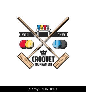 Croquet sport crossed wooden mallets icon with vector balls, wicket or hoop and colorful player clips. Croquet court, sport club, championship, tourna Stock Vector