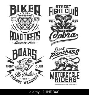 Biker club, motorcycle races, and street fighting t-shirt prints, vector. Motors sport, bike riders club and fighter sport mascots of tiger, panther a Stock Vector