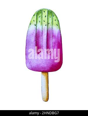 Ice cream strawberry watermelon pistachio kiwi, hand drawing watercolor tracing, isolated, white background. Vector illustration Stock Vector