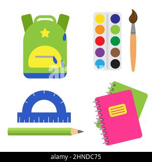 Set of school and educational elements. Paints with brush, copybooks, protractor with pencil and backpack. Back to school concept. Prints for web, fly Stock Vector