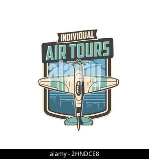 Individual air tours icon. Air travel vector emblem with propeller airplane flying over cityscape. Aircraft business promotional label, plane jet flig Stock Vector
