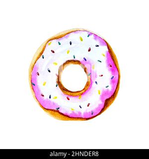 Watercolor donut in a pink glaze with rainbow sugar sprinkles vector. Vector illustration Stock Vector