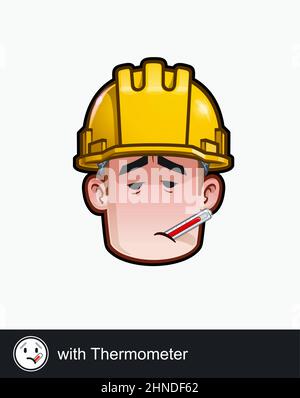 Icon of a construction worker face with Fever and Thermometer emotional expression. All elements neatly on well described layers and groups. Stock Vector