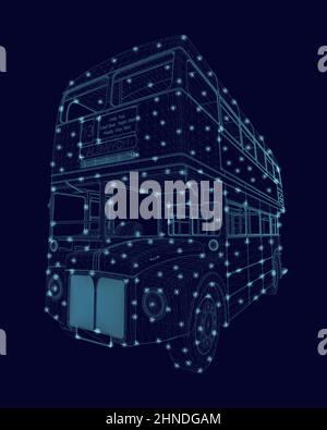Wireframe of an English double decker bus made of blue lines isolated on a white background. Perspective view. 3D. Vector illustration. Stock Vector