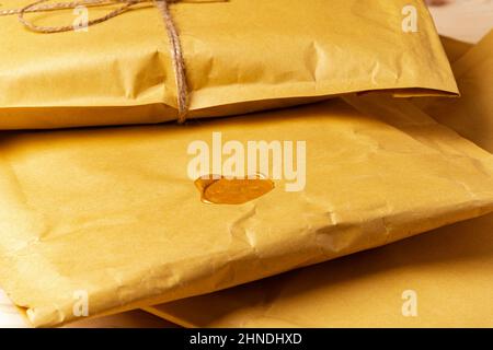 Close up shot of stack of padded mailing envelopes Stock Photo