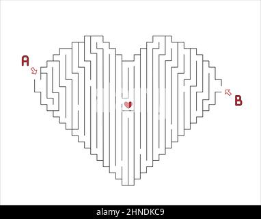 Maze with heart shape with two entries and two ways to goal. Valentines day maze, made in vector. Stock Vector