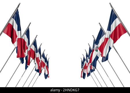 nice celebration flag 3d illustration  - many Dominican Republic flags hanging on diagonal poles from left and right sides isolated on white Stock Photo