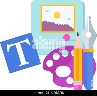 Sheet of paper, pencil, palette and fountain pen. Content Infographics Icon. Stock Vector