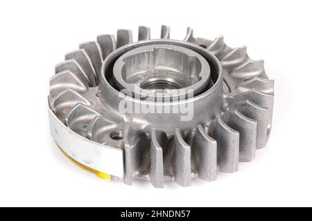 new aluminum modern flywheel close-up for a chainsaw on a white background Stock Photo