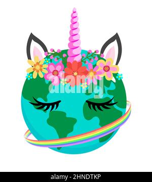 Beautiful Earth unicorn for Earth Day, Unicorn head with flower crown, Unicorn Face. Illustration for card and shirt design for Mother Earth Day decor Stock Vector