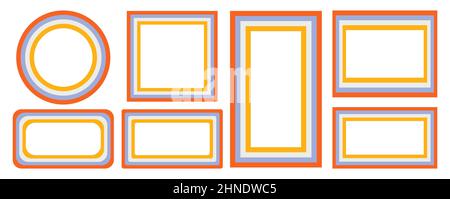 set of rainbow frames in 1970s hippie style. patterns retro vintage 70s groove. collection of round frame, star, rhombus and square. vector Stock Vector