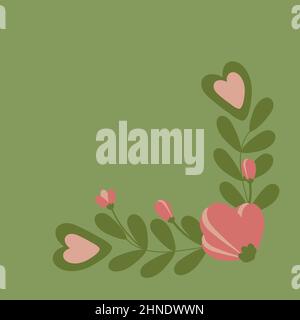 Spring corner composition of leaves, hearts, flowers and buds in cartoon style on a green background. Template for greeting card, flyer, booklet. Copyspace. Handdrawn. Stock Vector